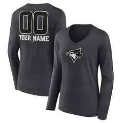 Toronto Blue Jays Women's Personalized Monochrome Name & Number Long Sleeve V-Neck T-Shirt - Charcoal T-shirts