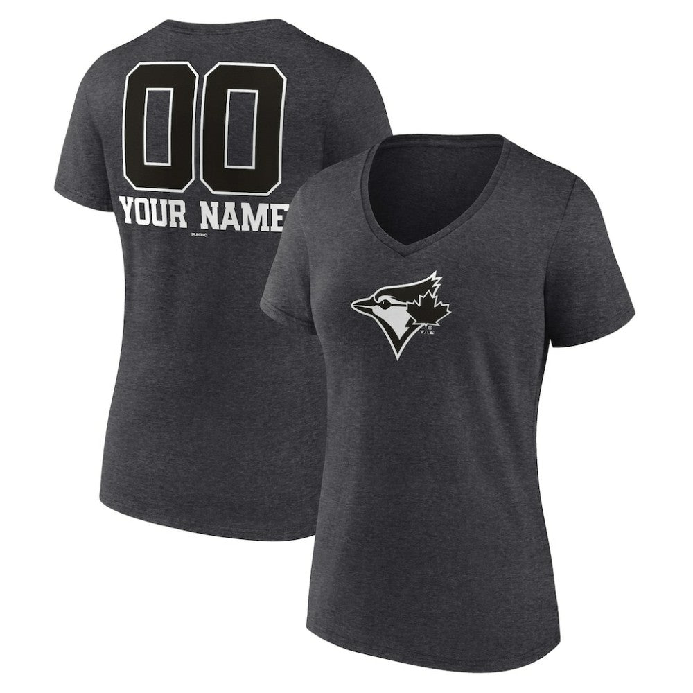 Toronto Blue Jays Women's Personalized Monochrome Name & Number V-Neck T-Shirt - Charcoal T-shirts