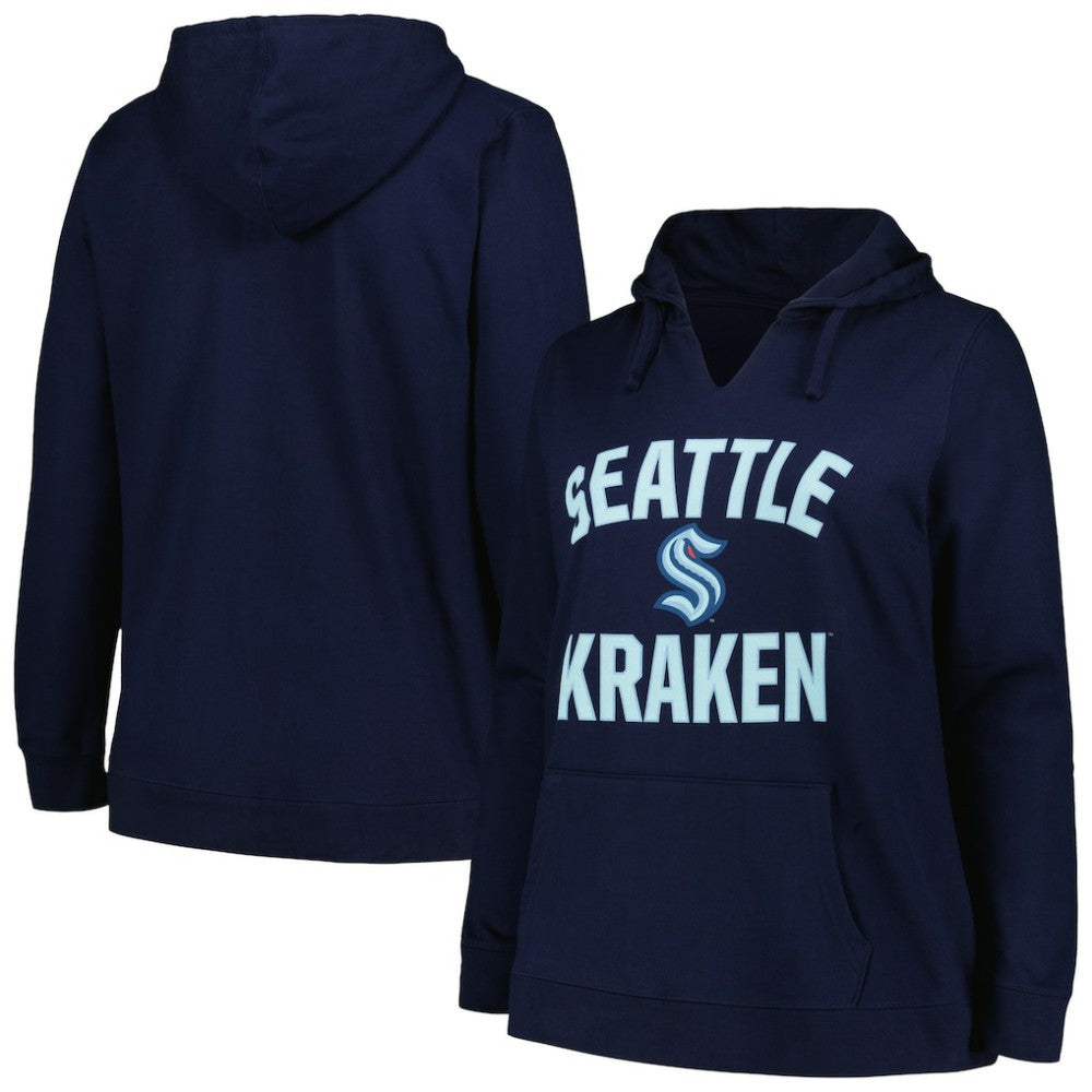 NHL Seattle Kraken Profile Women's Plus Size Arch Over Logo Pullover Hoodie - Deep Sea Blue