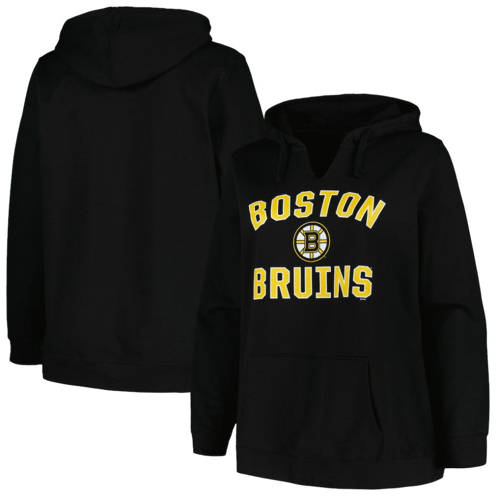 NHL Boston Bruins Profile Women's Plus Size Arch Over Logo Pullover Hoodie - Black