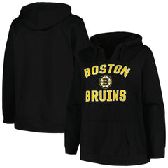 NHL Boston Bruins Profile Women's Plus Size Arch Over Logo Pullover Hoodie - Black