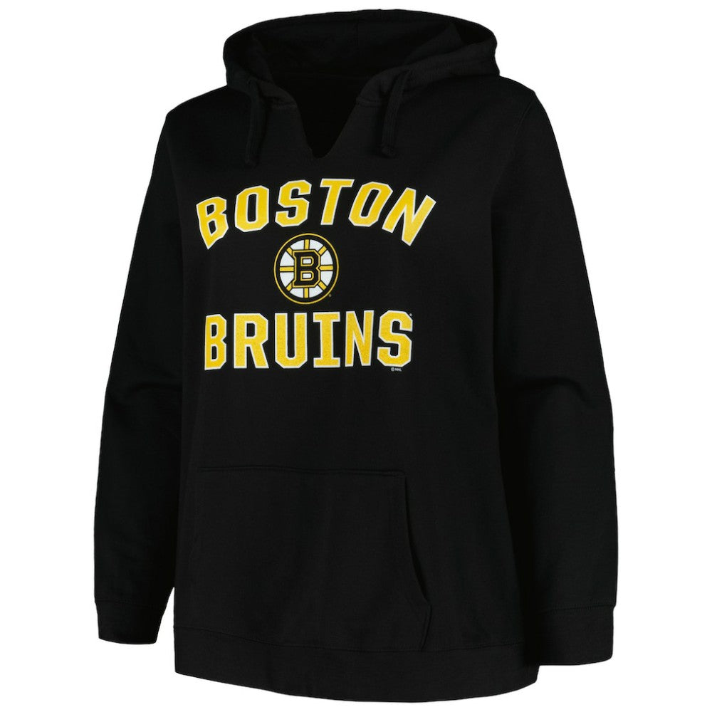 NHL Boston Bruins Profile Women's Plus Size Arch Over Logo Pullover Hoodie - Black