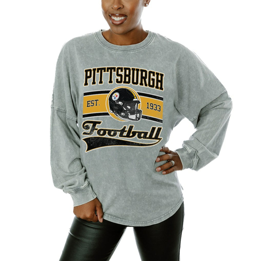 Pittsburgh Steelers Gameday Couture Women's Snow Wash Oversized Long Sleeve T-Shirt – Gray