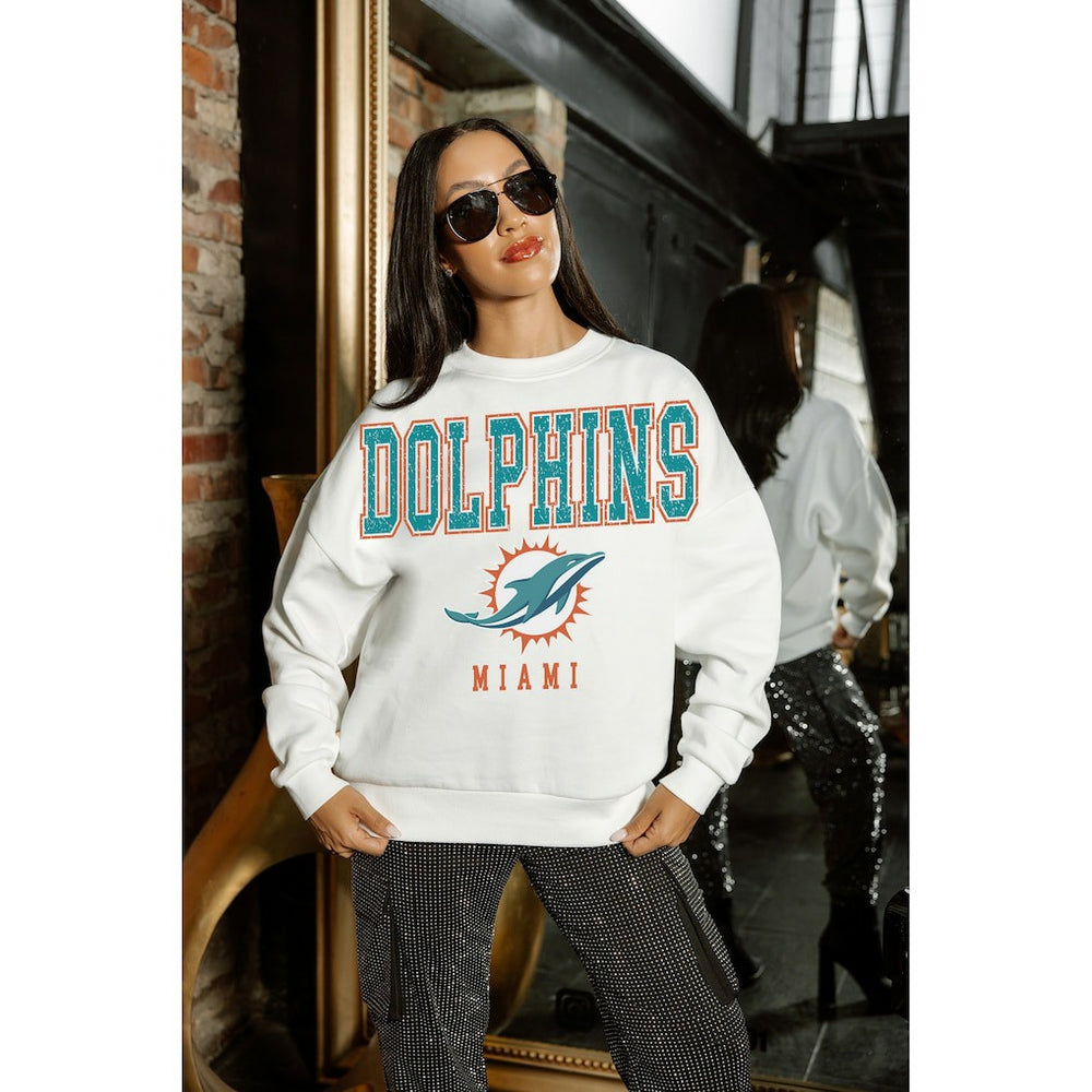 Miami Dolphins Gameday Couture Women's Sunday Drives Oversized Crewneck Pullover Sweatshirt – White