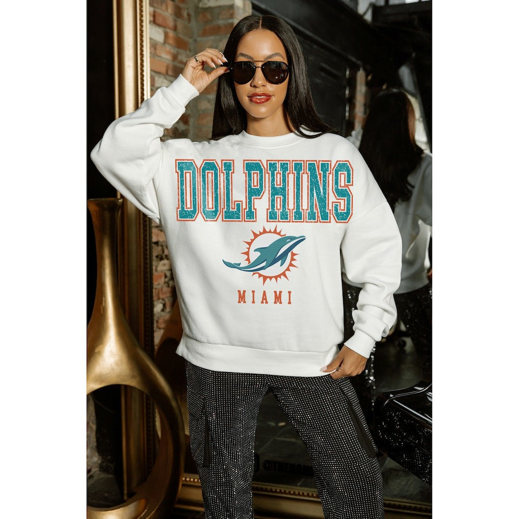 Miami Dolphins Gameday Couture Women's Sunday Drives Oversized Crewneck Pullover Sweatshirt – White