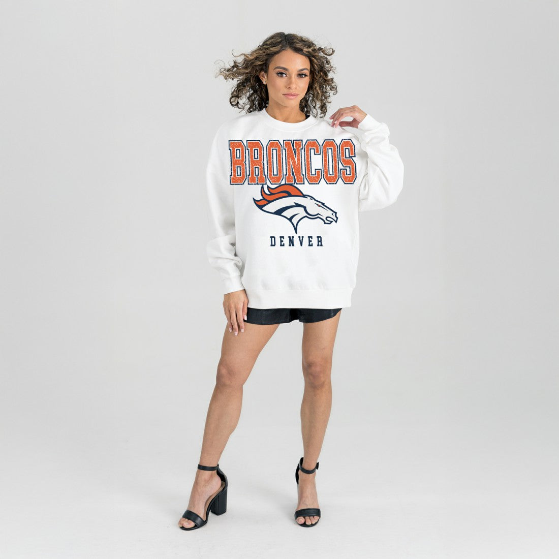 Denver Broncos Gameday Couture Women's Sunday Drives Oversized Crewneck Pullover Sweatshirt – White