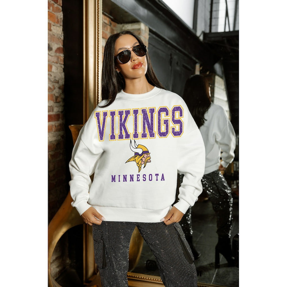 Minnesota Vikings Gameday Couture Women's Sunday Drives Oversized Crewneck Pullover Sweatshirt – White