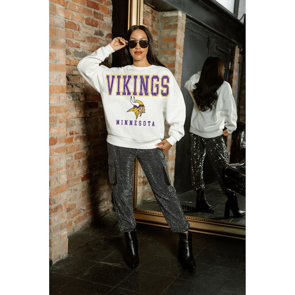 Minnesota Vikings Gameday Couture Women's Sunday Drives Oversized Crewneck Pullover Sweatshirt – White
