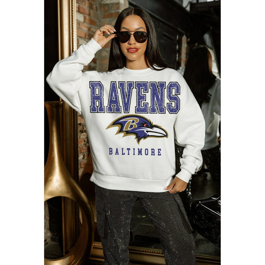 Baltimore Ravens Gameday Couture Women's Sunday Drives Oversized Crewneck Pullover Sweatshirt – White