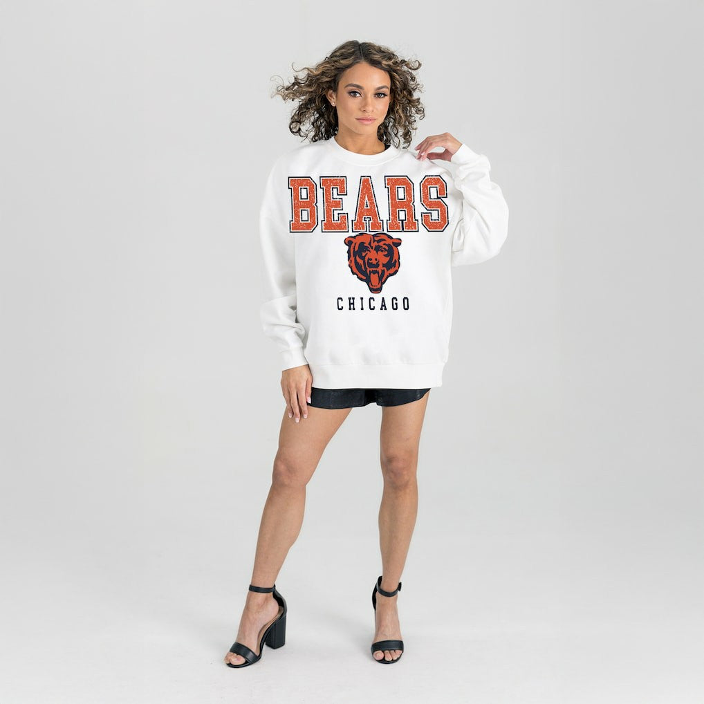 Chicago Bears Gameday Couture Women's Sunday Drives Oversized Crewneck Pullover Sweatshirt – White
