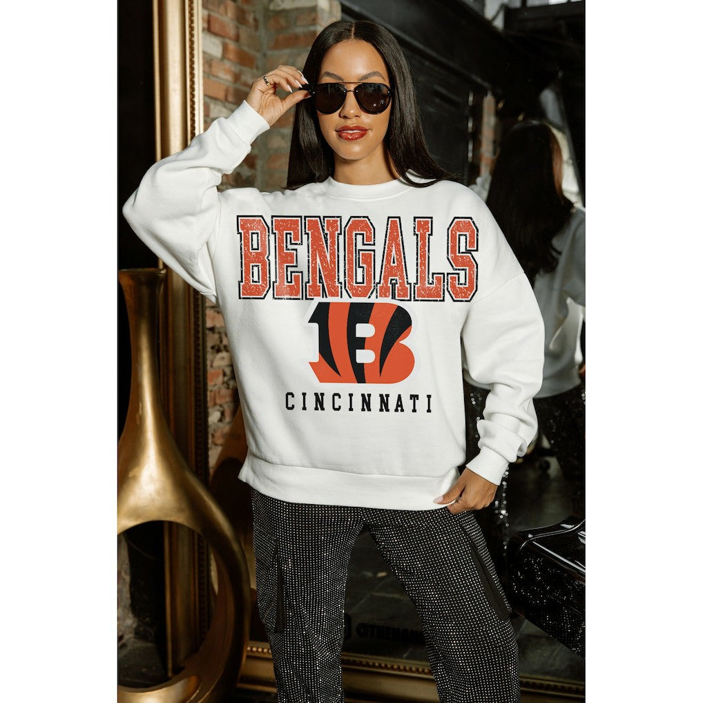 Cincinnati Bengals Gameday Couture Women's Sunday Drives Oversized Crewneck Pullover Sweatshirt – White
