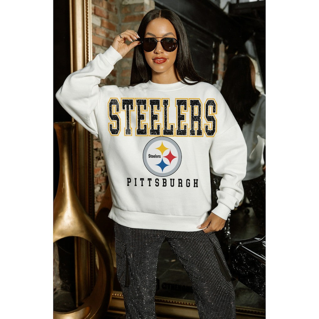 Pittsburgh Steelers Gameday Couture Women's Sunday Drives Oversized Crewneck Pullover Sweatshirt – White