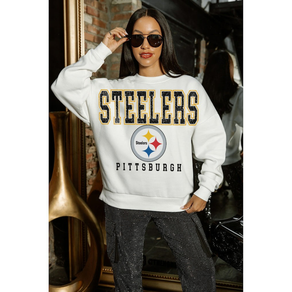 Pittsburgh Steelers Gameday Couture Women's Sunday Drives Oversized Crewneck Pullover Sweatshirt – White