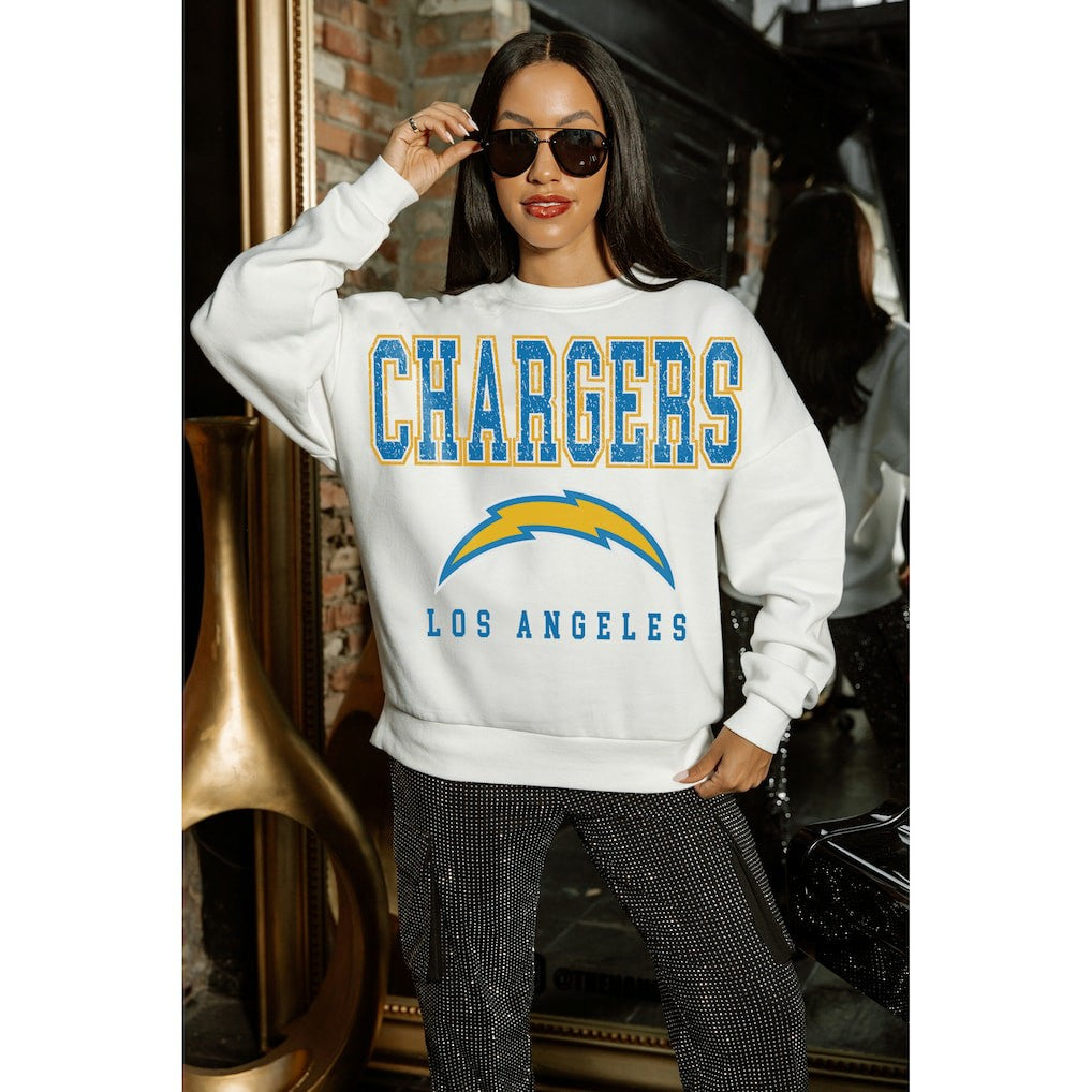 Los Angeles Chargers Gameday Couture Women's Sunday Drives Oversized Crewneck Pullover Sweatshirt – White