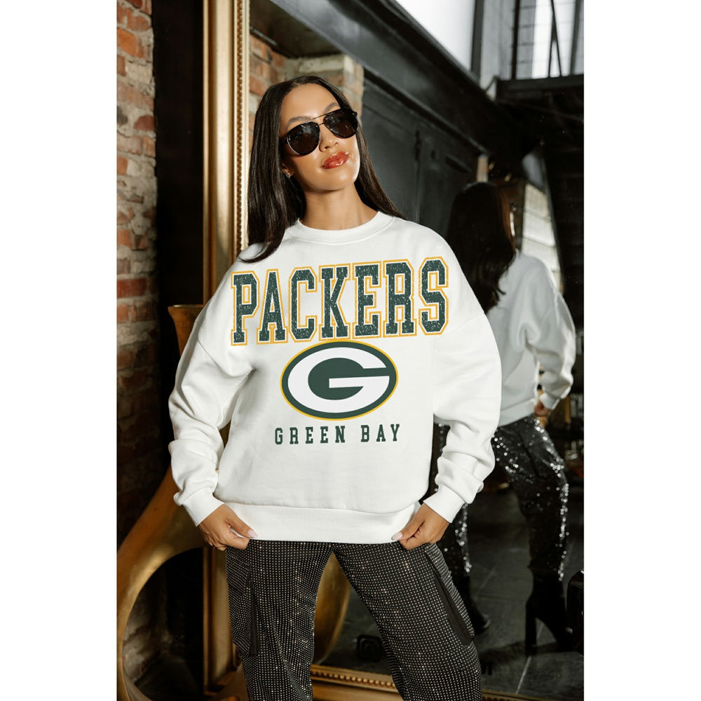 Green Bay Packers Gameday Couture Women's Sunday Drives Oversized Crewneck Pullover Sweatshirt – White