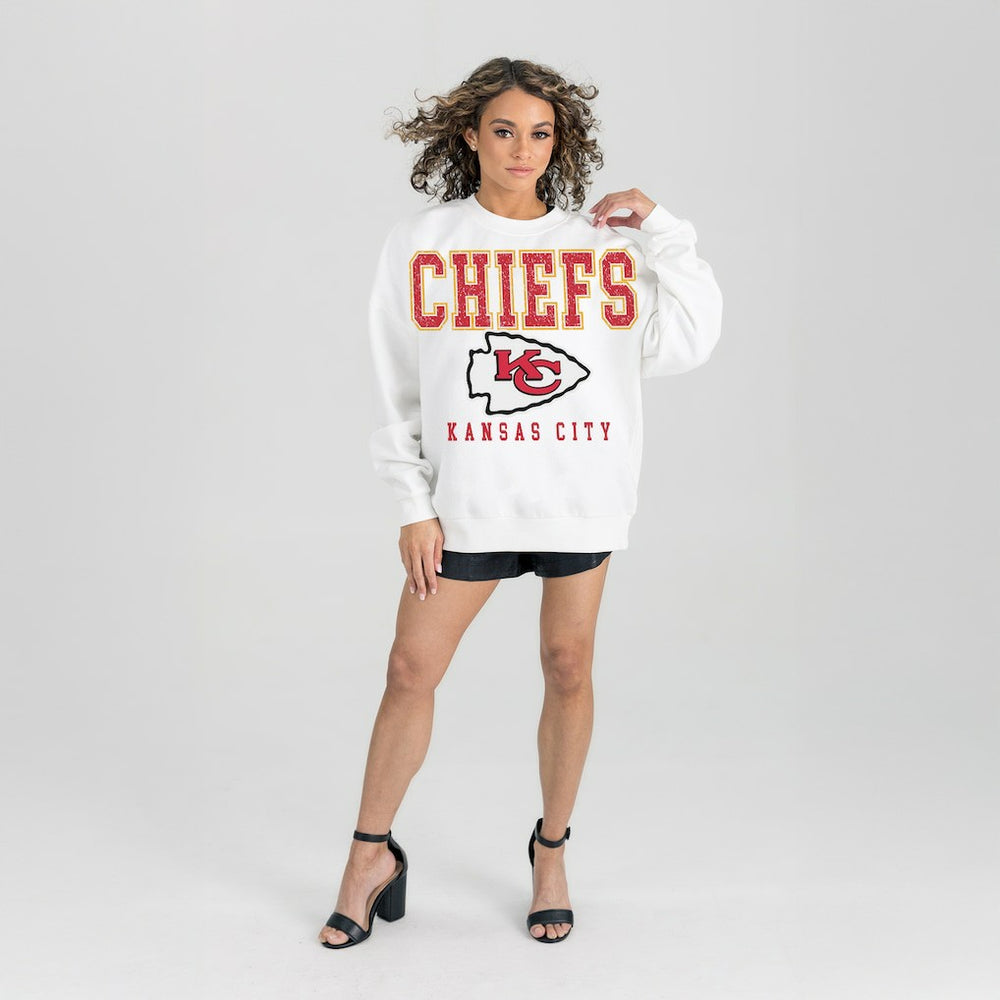 Kansas City Chiefs Gameday Couture Women's Sunday Drives Oversized Crewneck Pullover Sweatshirt – White