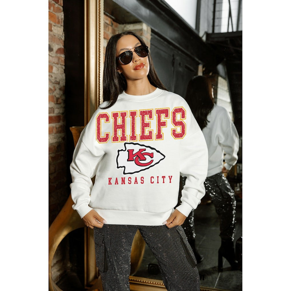 Kansas City Chiefs Gameday Couture Women's Sunday Drives Oversized Crewneck Pullover Sweatshirt – White
