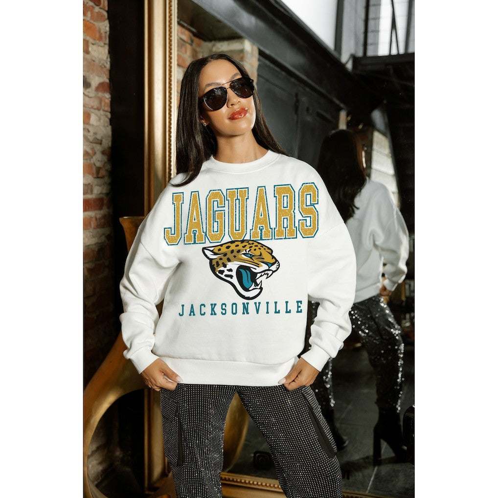Jacksonville Jaguars Gameday Couture Women's Sunday Drives Oversized Crewneck Pullover Sweatshirt – White