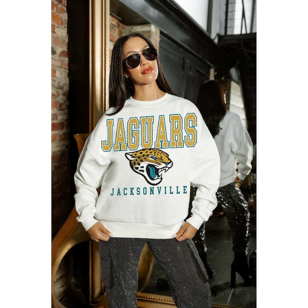 Jacksonville Jaguars Gameday Couture Women's Sunday Drives Oversized Crewneck Pullover Sweatshirt – White