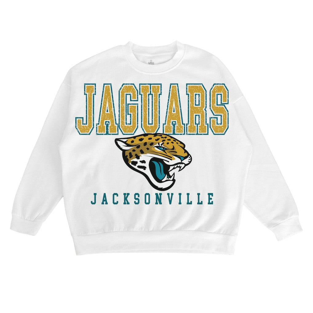 Jacksonville Jaguars Gameday Couture Women's Sunday Drives Oversized Crewneck Pullover Sweatshirt – White