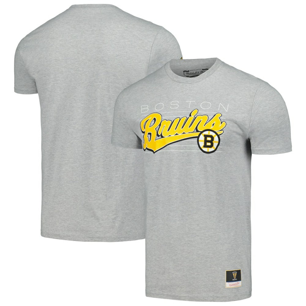 NHL Boston Bruins Mitchell & Ness 100th Anniversary Script Sweep T-Shirt - Heather Gray