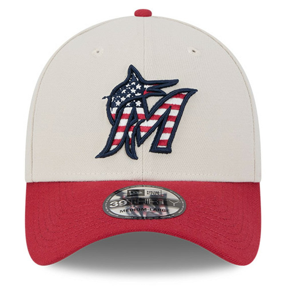 Miami Marlins New Era 2024 Fourth of July 39THIRTY Flex Hat - Khaki/Red Hats