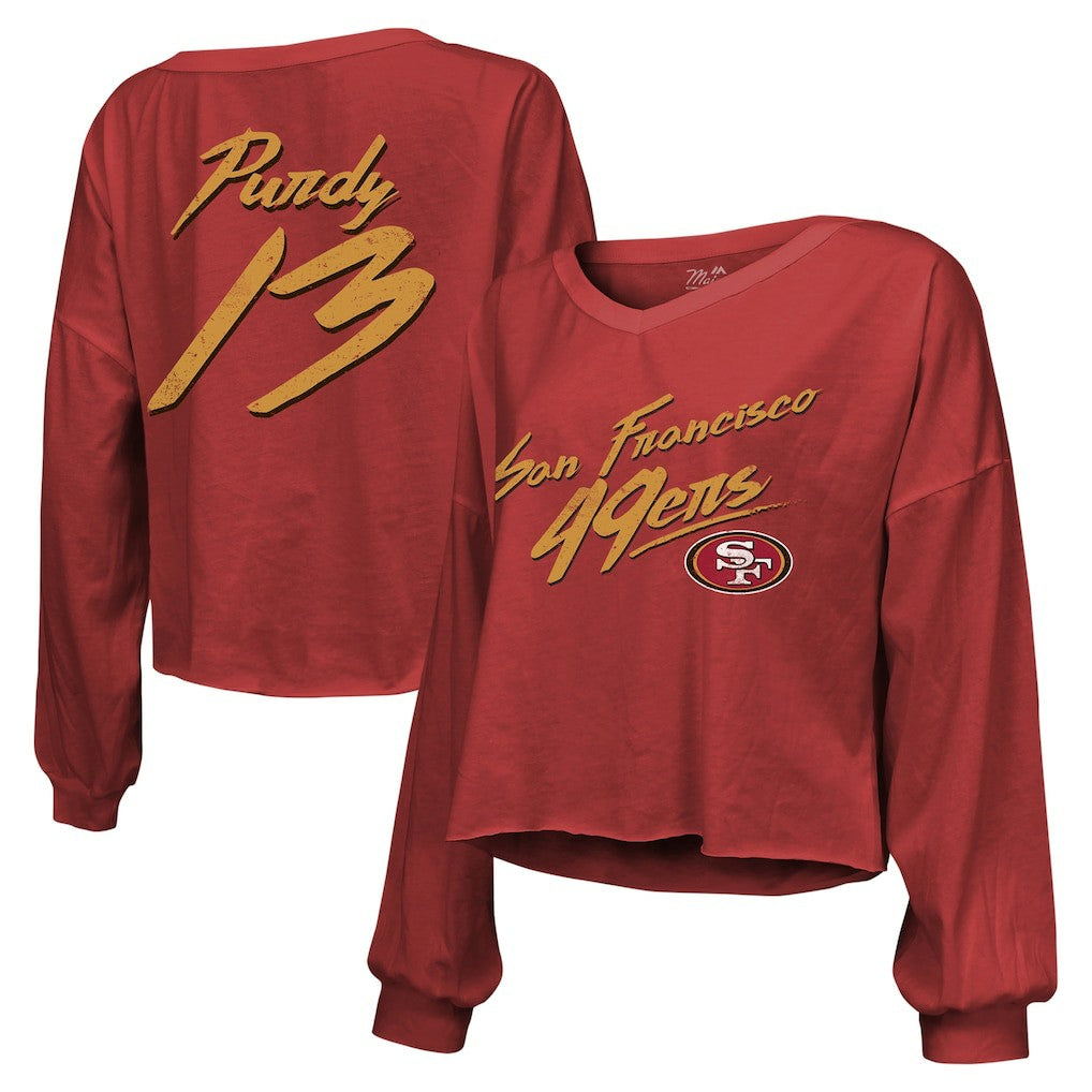 Brock Purdy San Francisco 49ers Majestic Threads Women's Name & Number Off-Shoulder Script Cropped Long Sleeve Relaxed V-Neck T-Shirt Scarlet