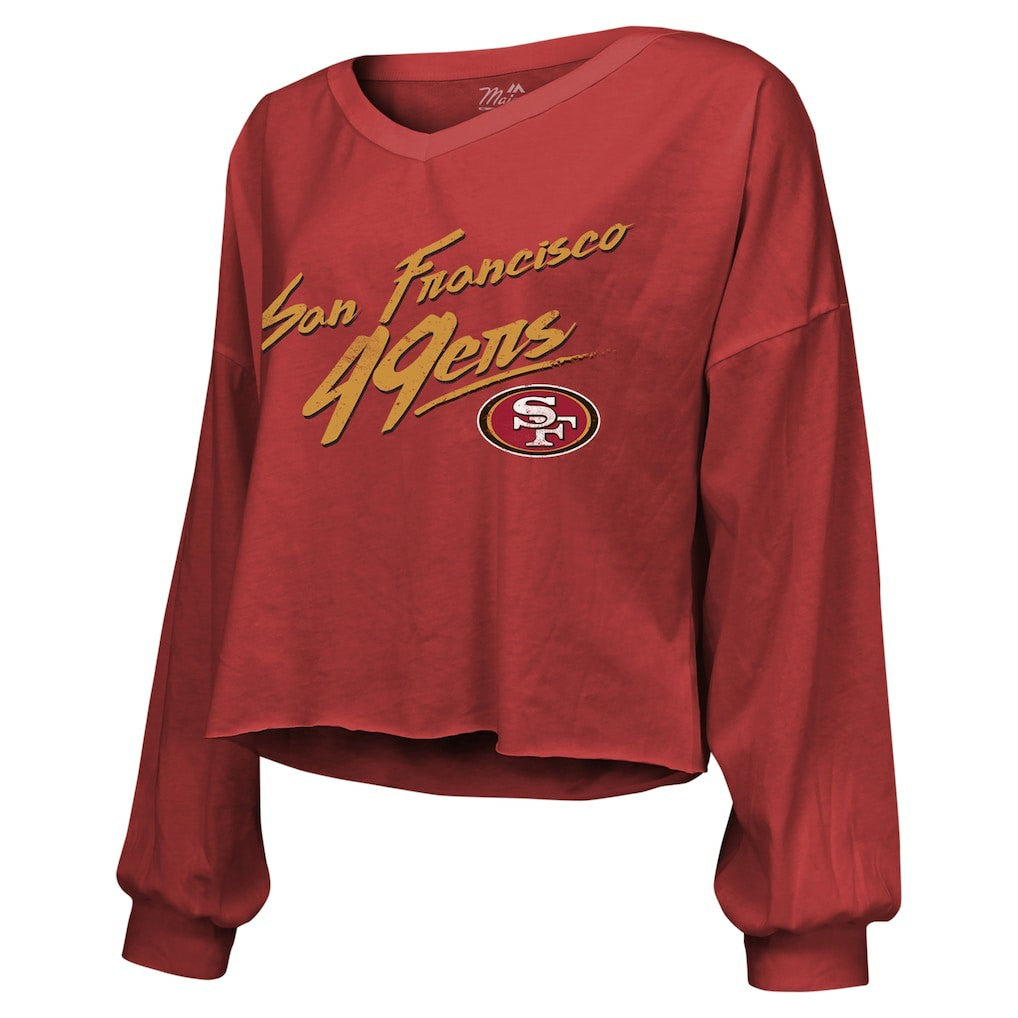 Brock Purdy San Francisco 49ers Majestic Threads Women's Name & Number Off-Shoulder Script Cropped Long Sleeve Relaxed V-Neck T-Shirt Scarlet