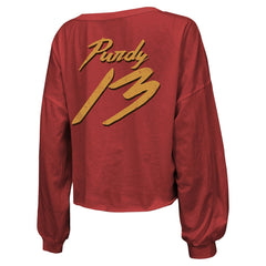 Brock Purdy San Francisco 49ers Majestic Threads Women's Name & Number Off-Shoulder Script Cropped Long Sleeve Relaxed V-Neck T-Shirt Scarlet