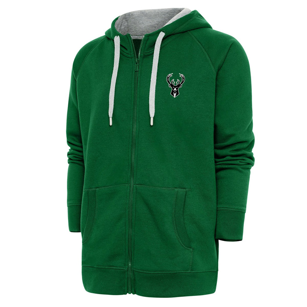 Milwaukee Bucks Antigua Metallic Logo Victory Raglan Full-Zip Hoodie Hunter Green