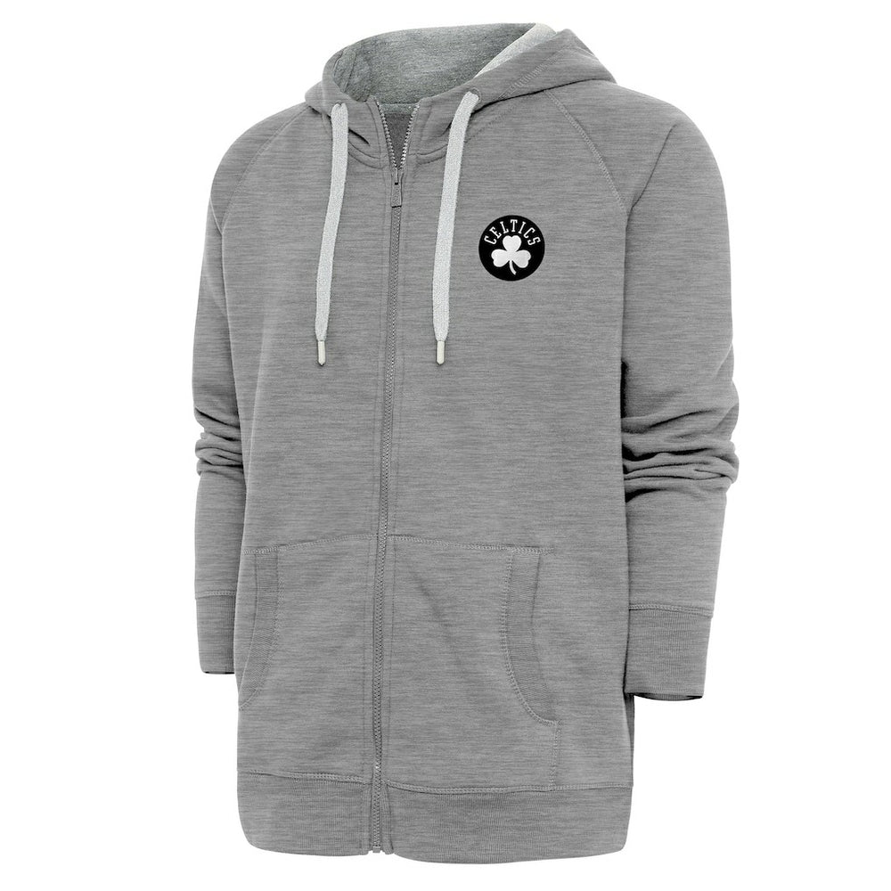 Boston Celtics Antigua Metallic Logo Victory Raglan Full-Zip Hoodie Heather Gray