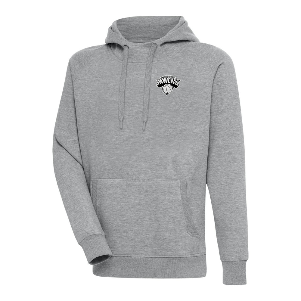 New York Knicks Antigua Metallic Logo Victory Raglan Pullover Hoodie Heather Gray