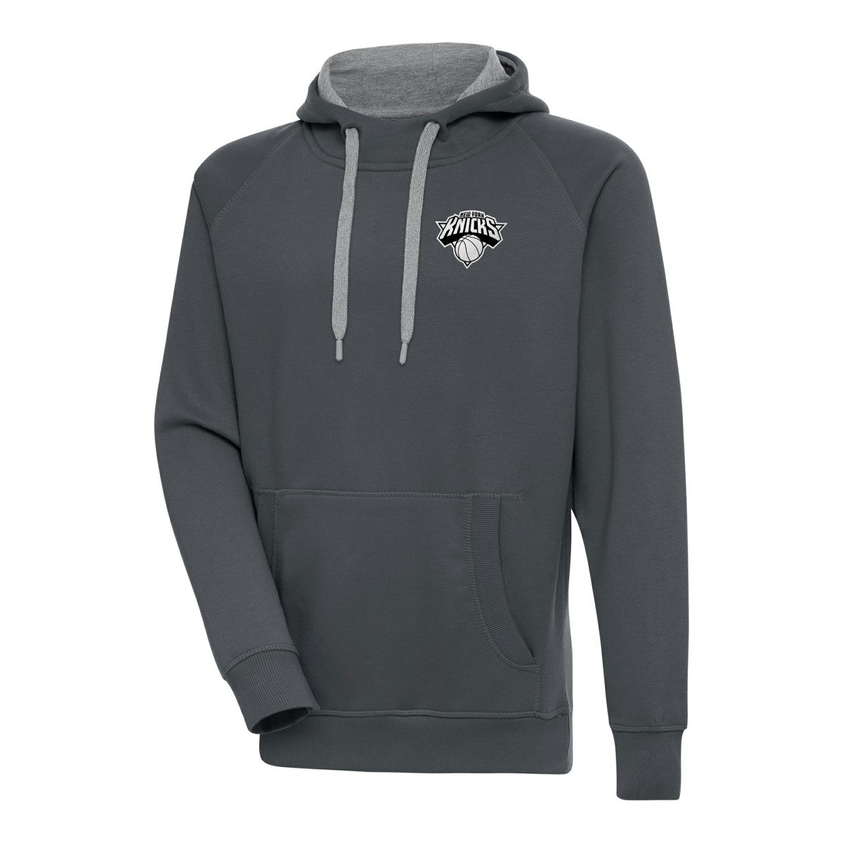 New York Knicks Antigua Metallic Logo Victory Raglan Pullover Hoodie Charcoal