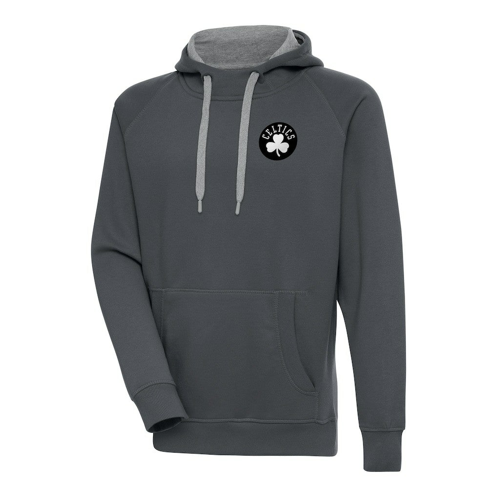 Boston Celtics Antigua Metallic Logo Victory Raglan Pullover Hoodie Charcoal