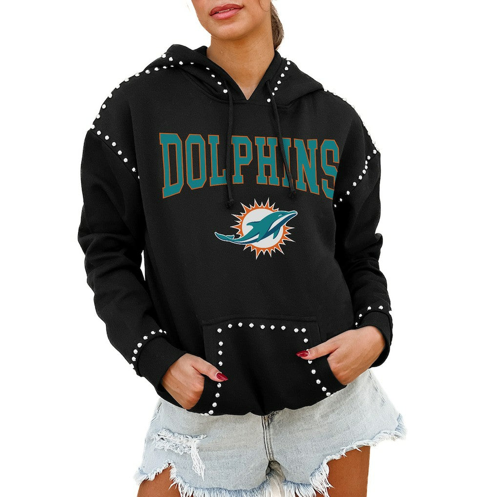 Miami Dolphins Gameday Couture Women's Oversized Catch the Vibe Studded Pullover Hoodie Black