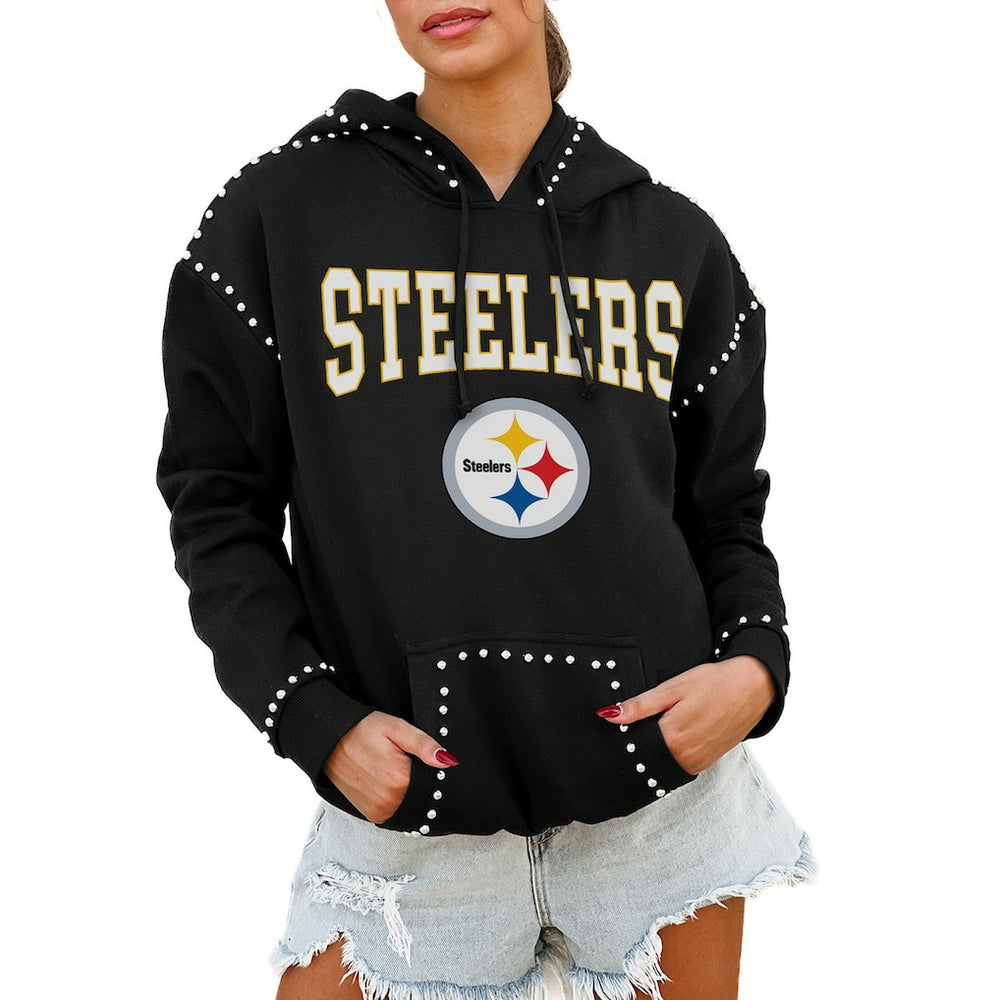Pittsburgh Steelers Gameday Couture Women's Oversized Catch the Vibe Studded Pullover Hoodie Black