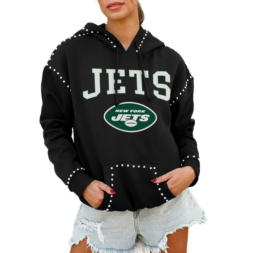 New York Jets Gameday Couture Women's Oversized Catch the Vibe Studded Pullover Hoodie Black