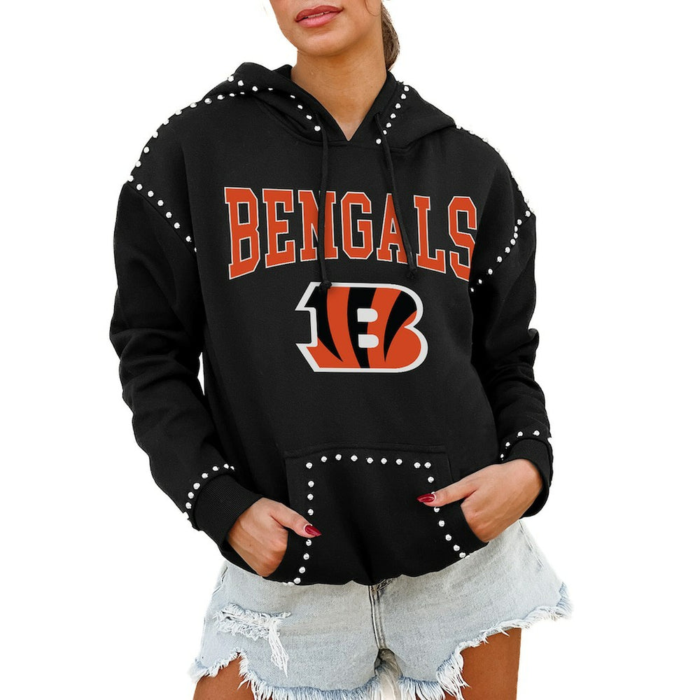 Cincinnati Bengals Gameday Couture Women's Oversized Catch the Vibe Studded Pullover Hoodie Black