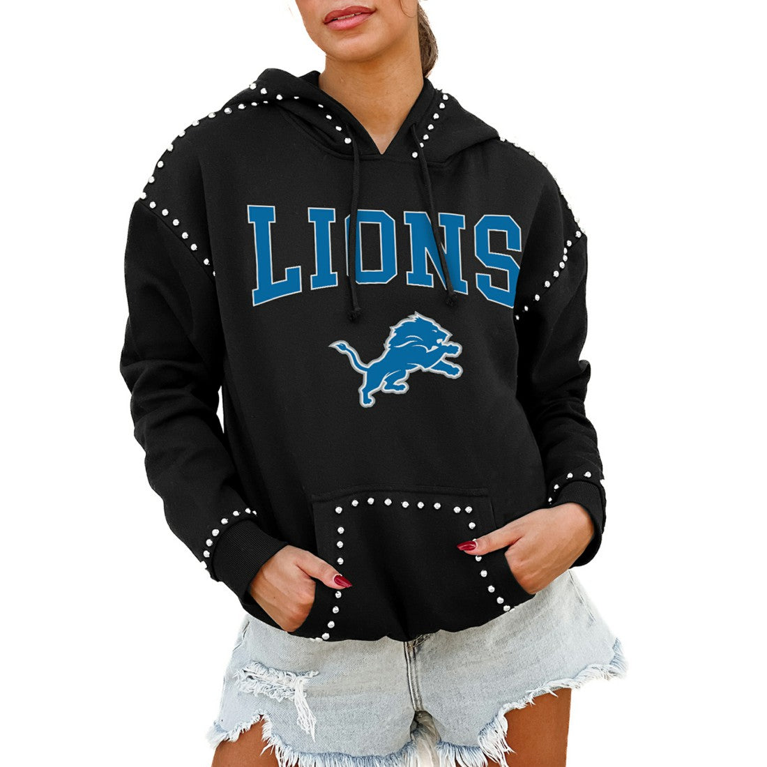 Detroit Lions Gameday Couture Women's Oversized Catch the Vibe Studded Pullover Hoodie Black