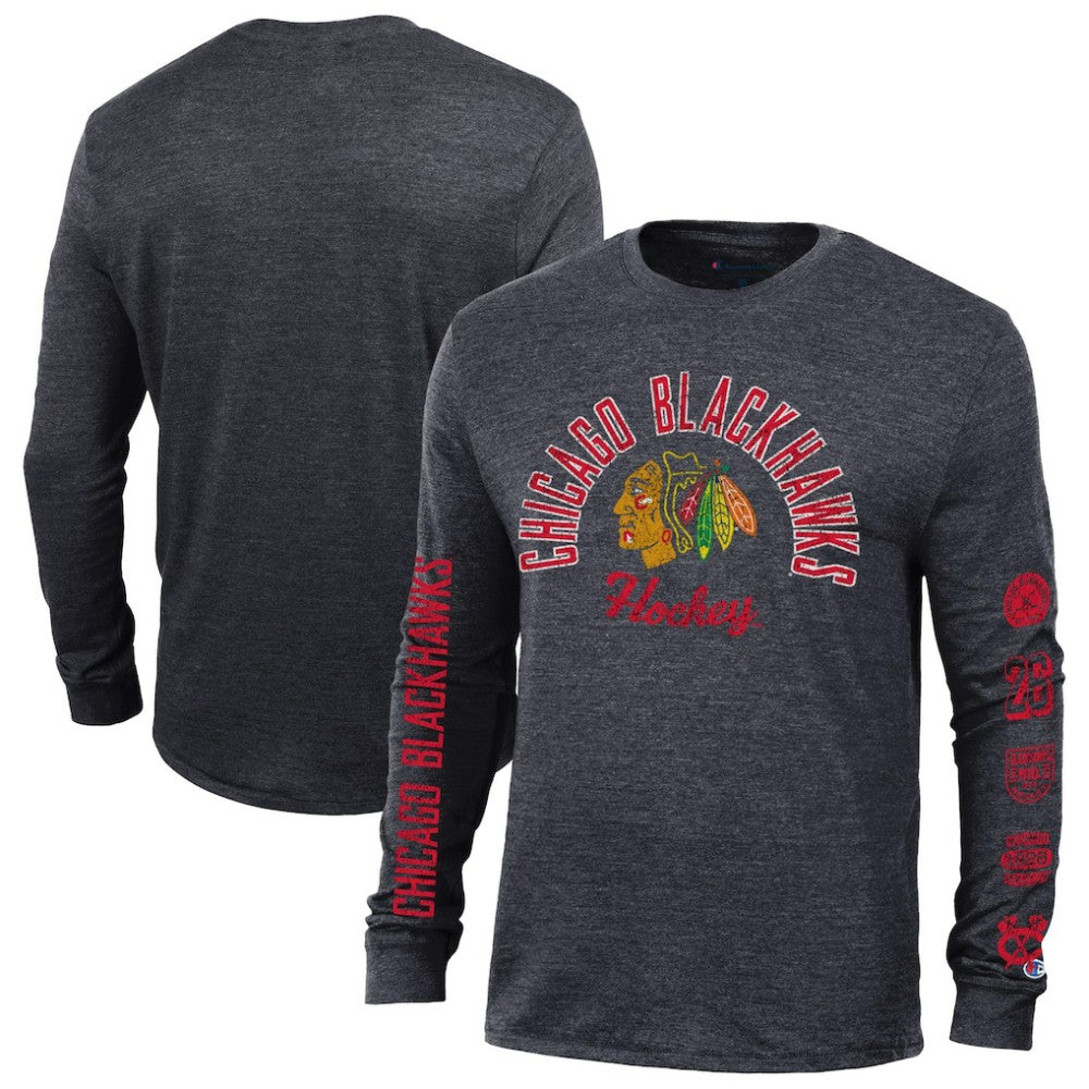 NHL Chicago Blackhawks Champion Multi-Logo Tri-Blend Long Sleeve T-Shirt - Heather Black