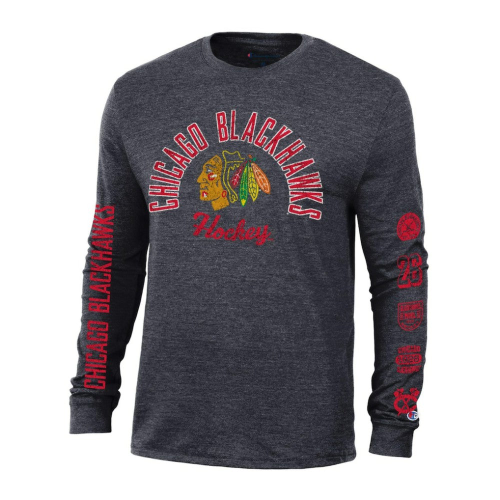 NHL Chicago Blackhawks Champion Multi-Logo Tri-Blend Long Sleeve T-Shirt - Heather Black