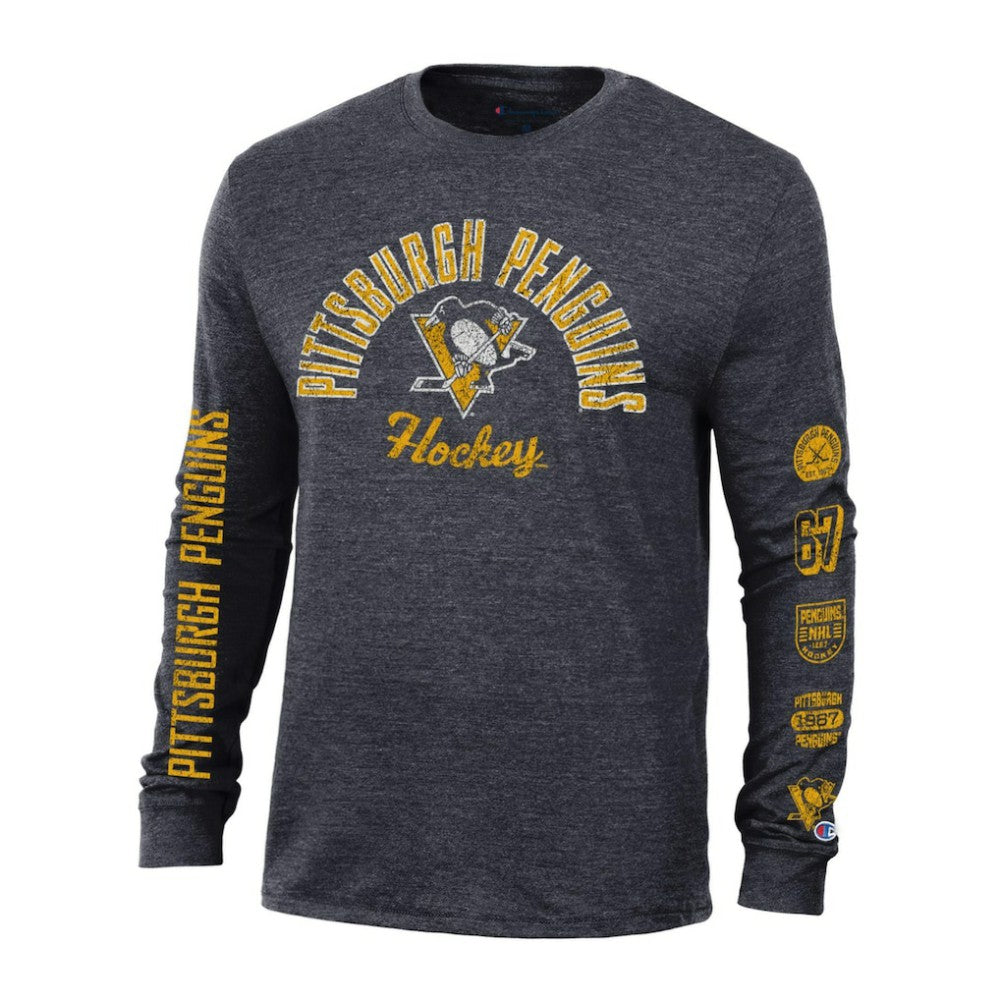 NHL Pittsburgh Penguins Champion Multi-Logo Tri-Blend Long Sleeve T-Shirt - Heather Black