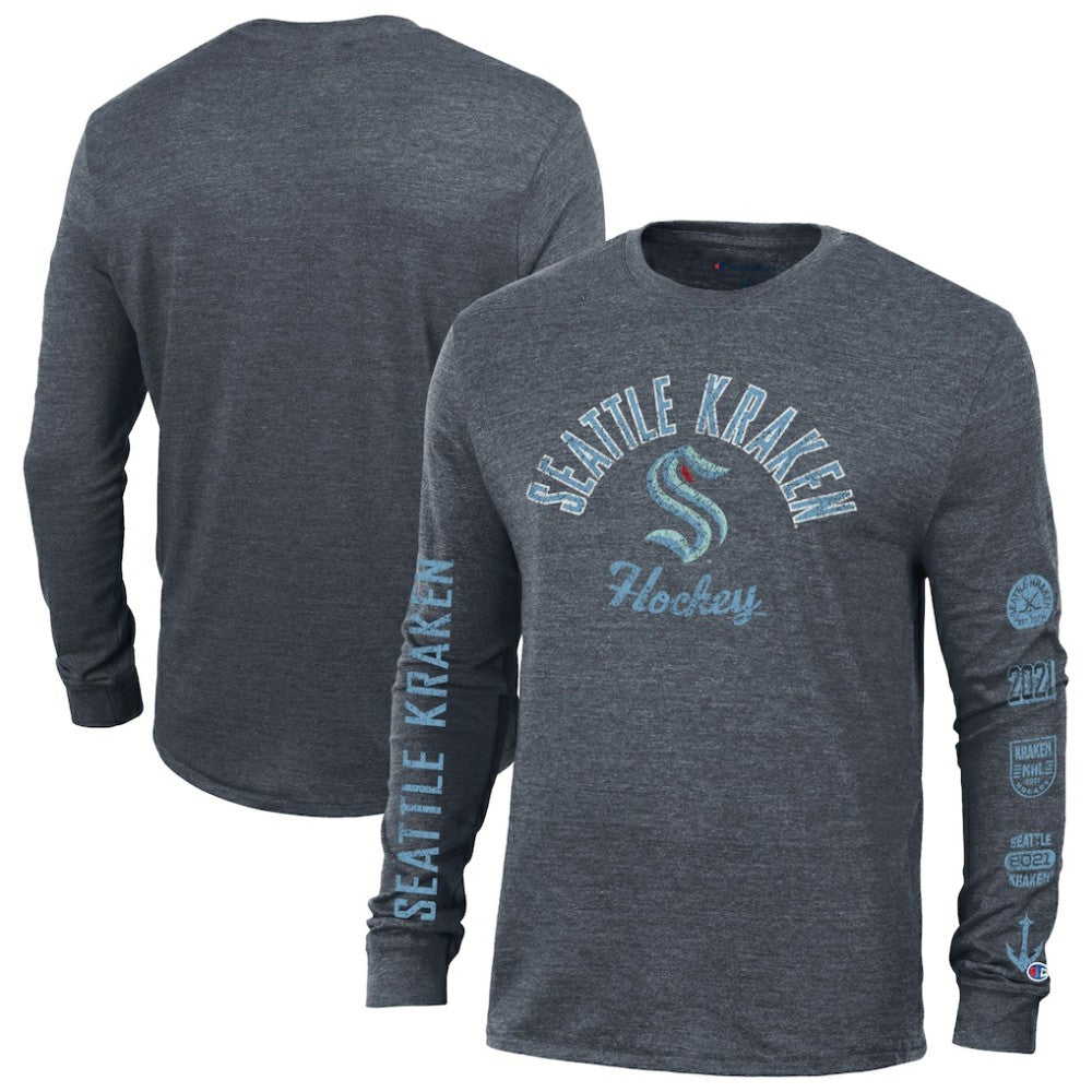 NHL Seattle Kraken Champion Multi-Logo Tri-Blend Long Sleeve T-Shirt - Heather Navy