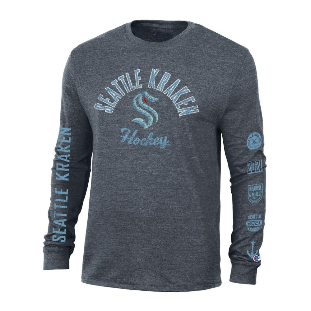 NHL Seattle Kraken Champion Multi-Logo Tri-Blend Long Sleeve T-Shirt - Heather Navy