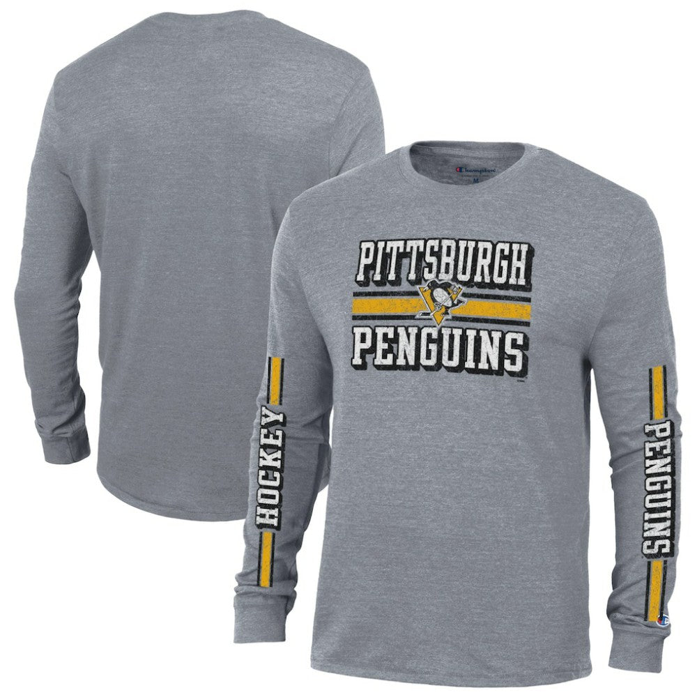 NHL Pittsburgh Penguins Champion Tri-Blend Dual-Stripe Long Sleeve T-Shirt - Heather Gray