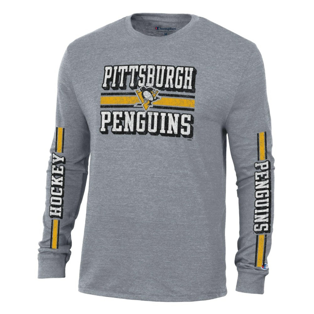 NHL Pittsburgh Penguins Champion Tri-Blend Dual-Stripe Long Sleeve T-Shirt - Heather Gray