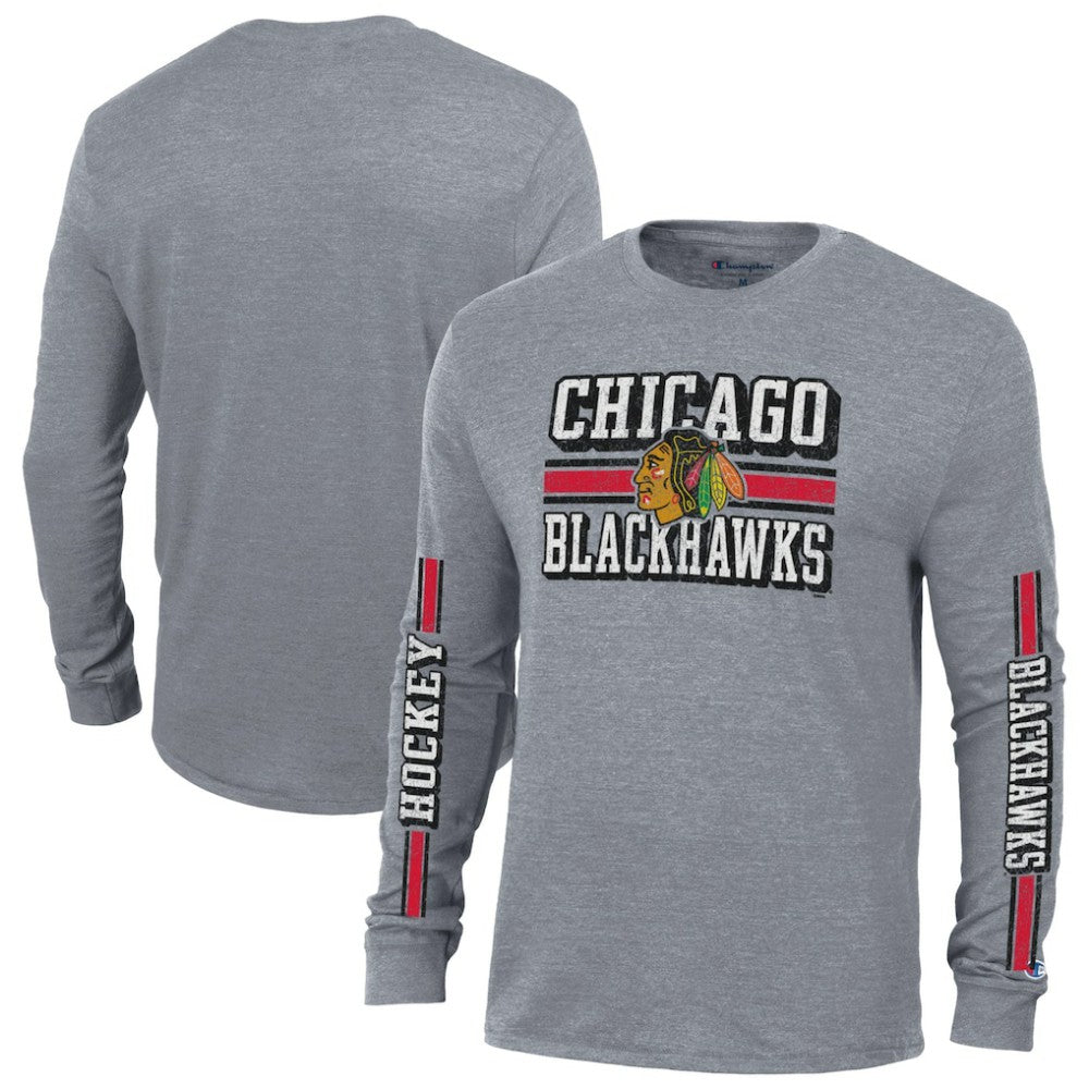 NHL Chicago Blackhawks Champion Tri-Blend Dual-Stripe Long Sleeve T-Shirt - Heather Gray