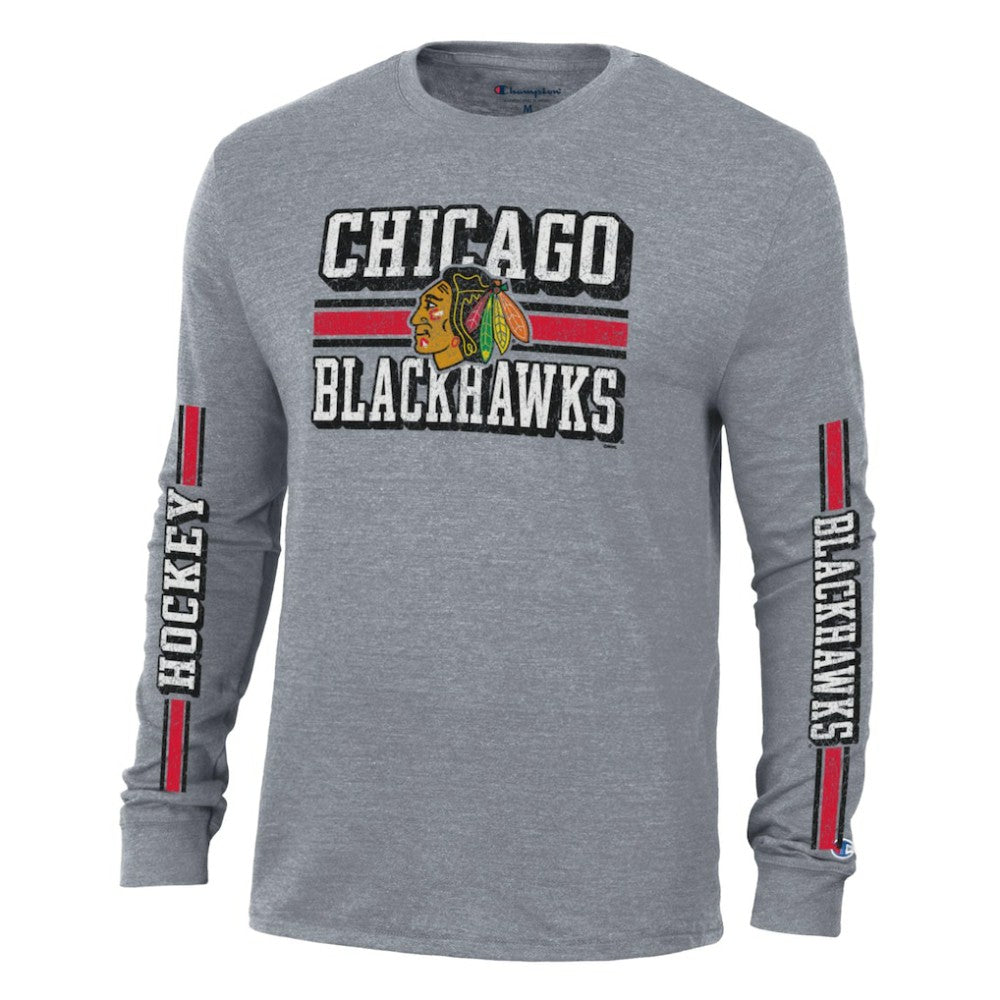 NHL Chicago Blackhawks Champion Tri-Blend Dual-Stripe Long Sleeve T-Shirt - Heather Gray