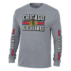 NHL Chicago Blackhawks Champion Tri-Blend Dual-Stripe Long Sleeve T-Shirt - Heather Gray