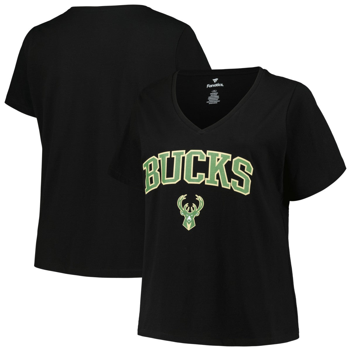 Milwaukee Bucks Profile Women's Plus Size Arch Over Logo V-Neck T-Shirt Black
